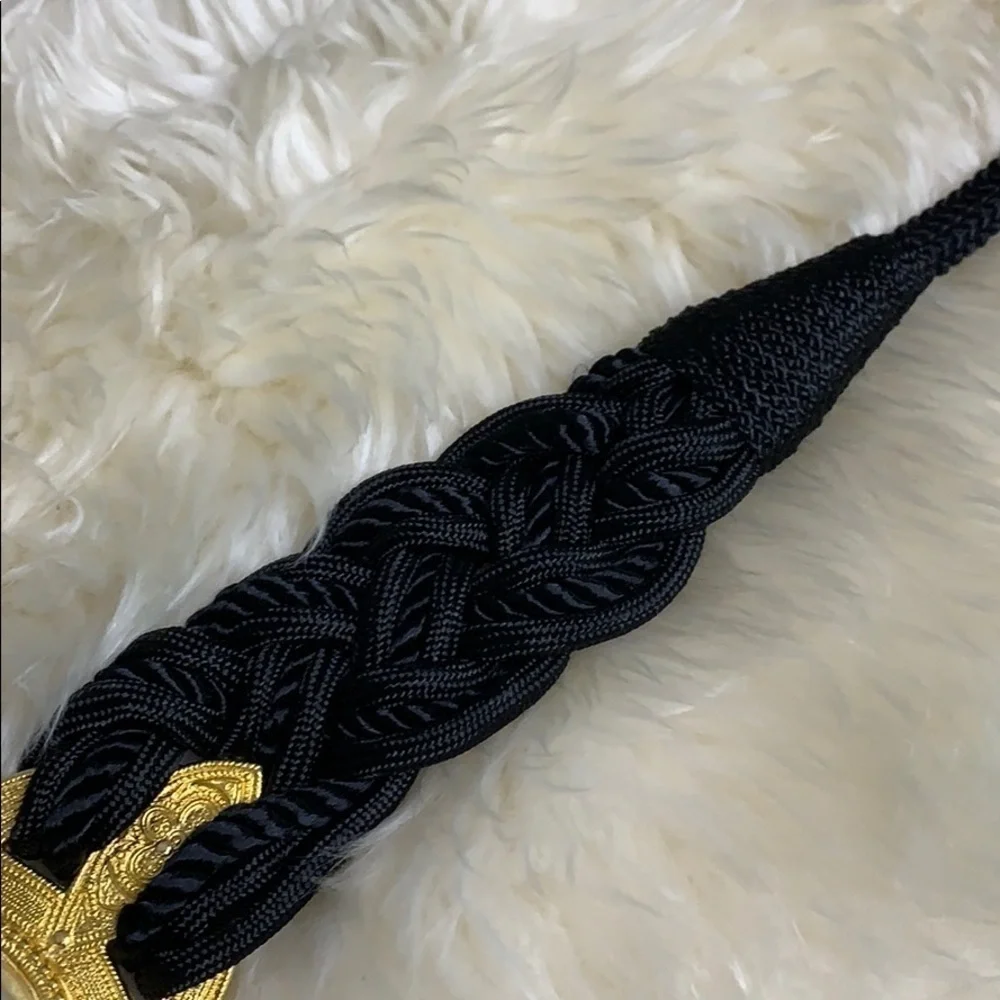 Vintage 80s Black Rope Gold Buckle Faux Pearl waist belt hook loop closure women